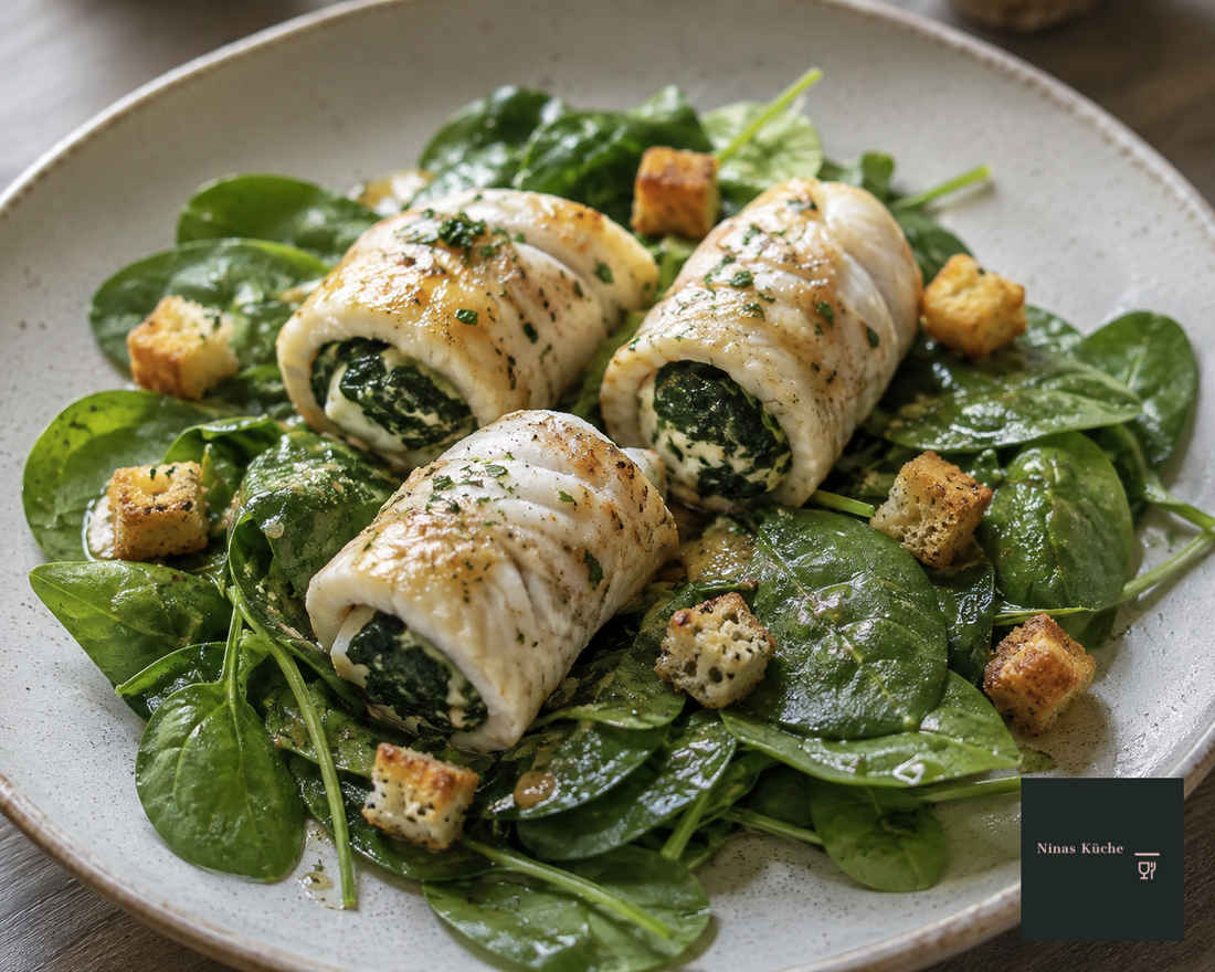 Seezungenröllchen mit Spinatfüllung und Spinatsalat - frische Fischküche