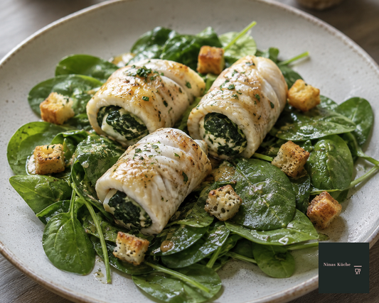 Seezungenröllchen mit Spinatfüllung und Spinatsalat - frische Fischküche
