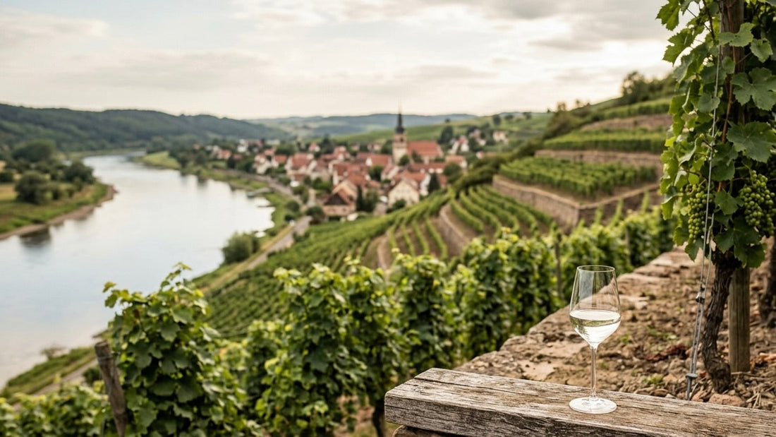 Weinregion Sachsen: Terrassierte Weinberge über der Elbe und dem historischen Dorf Pillnitz, Deutschlands östlichste Weinbauregion.