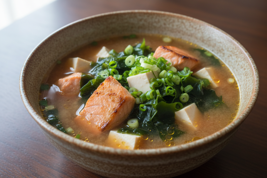 Misosuppe mit Lachs, Tofu und Frühlingszwiebeln - Japan auf dem Teller