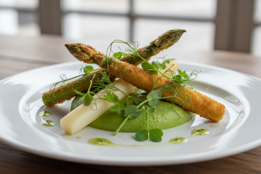 Mit Panko panierter Spargel auf feiner Erbsencrème - Spargelliebe