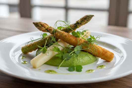 Mit Panko panierter Spargel auf feiner Erbsencrème - Spargelliebe