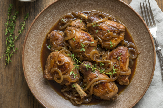 Mallorquinisches Kaninchen mit vielen Zwiebeln, Zimt und Orange