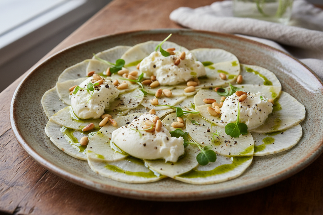 Sellerie-Carpaccio mit Burrata und Pinienkernen