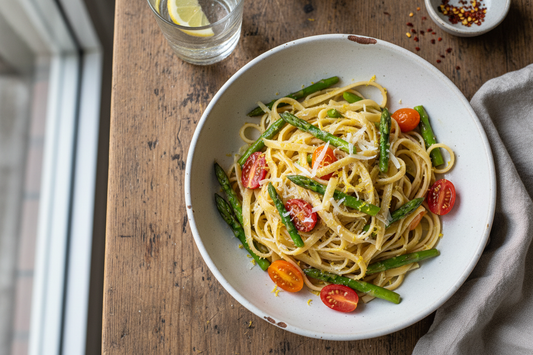 Frühlingspasta mit grünem Spargel und Zitrone