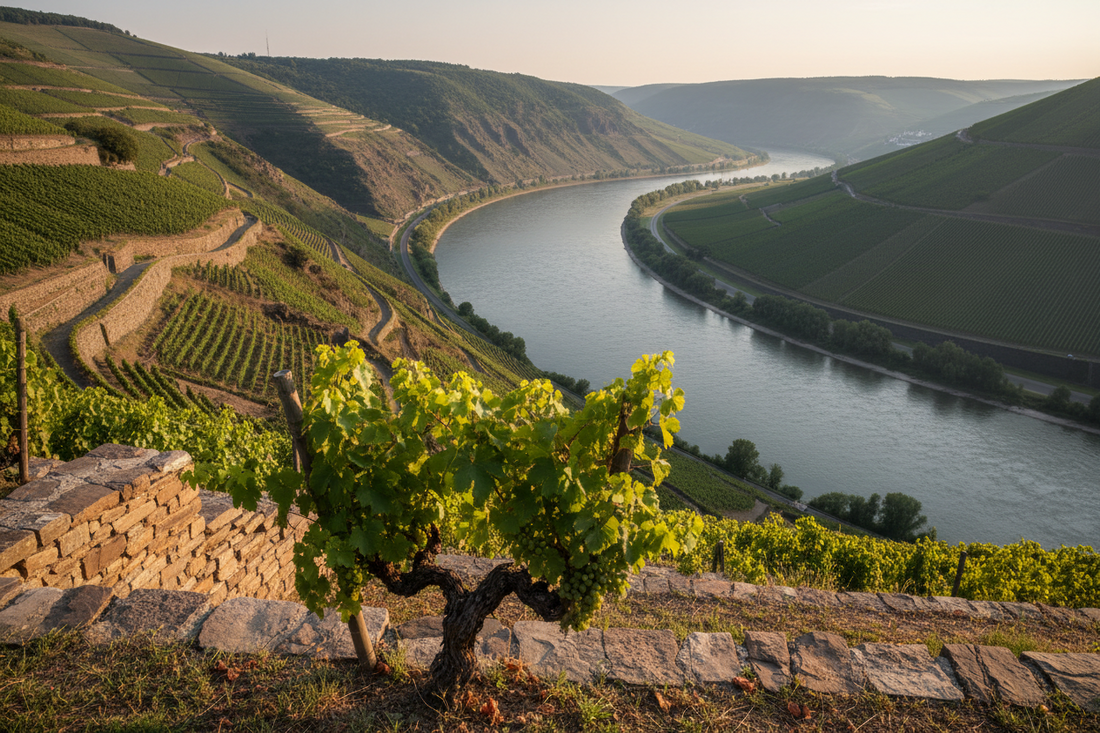 Weinregion Mittelrhein: Extreme Steillage mit Schieferfelsen über dem gewundenen Rhein und dem Tal bei Boppard
