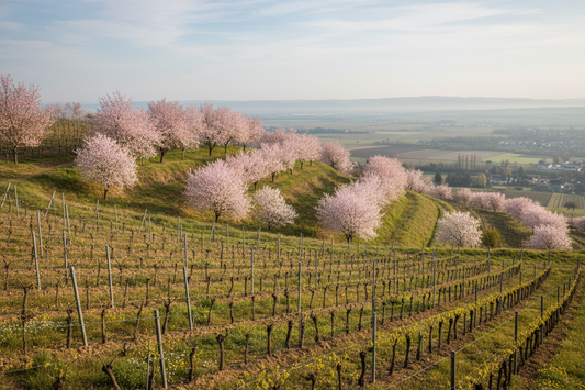 Blühende Mandelbäume an einer Weinbergterrasse der Hessischen Bergstraße im Frühling