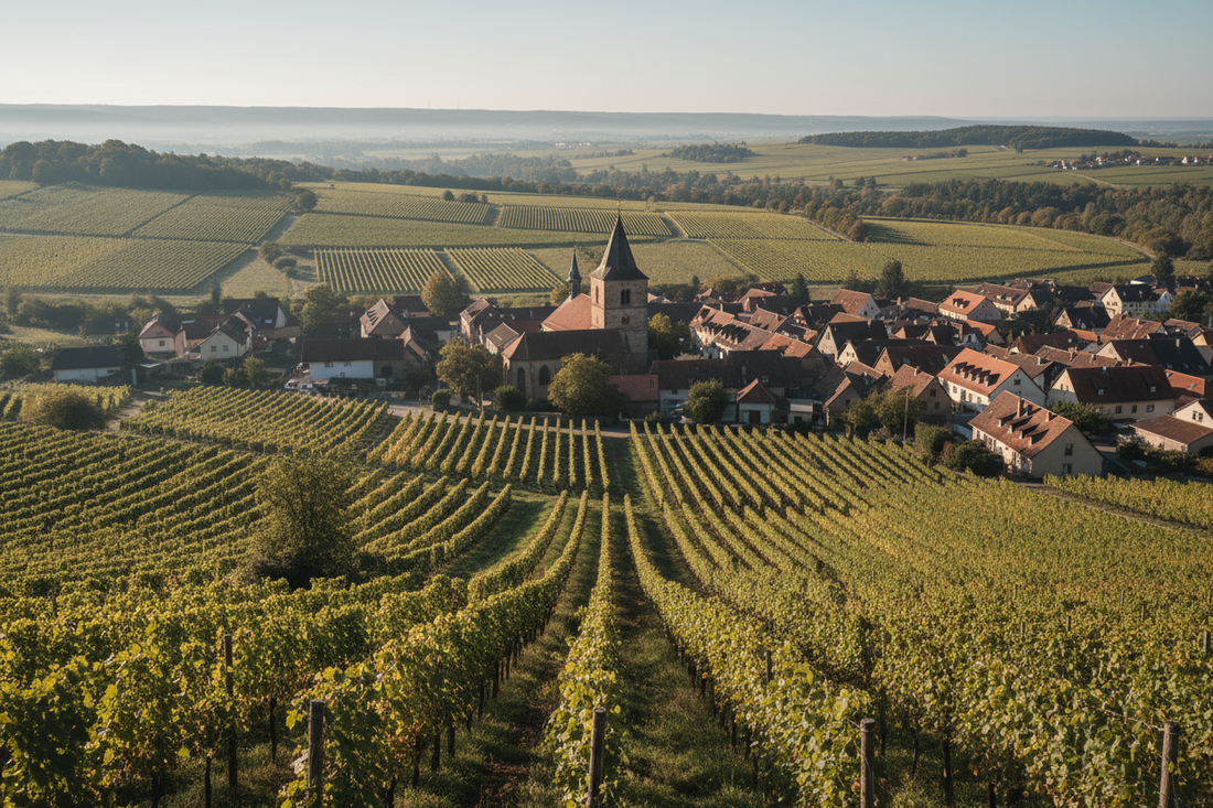Weindorf umgeben von Weinbergen als Sinnbild für den Ortswein der VDP-Pyramide