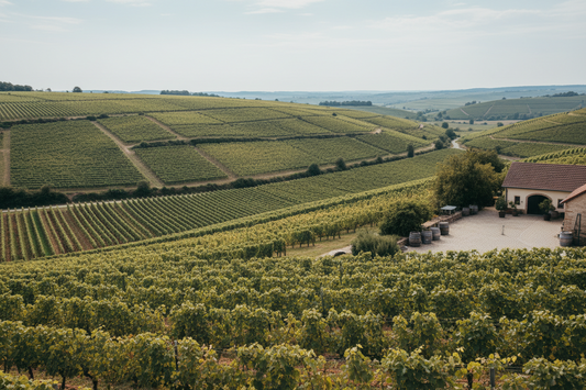 Weite Weinbergslandschaft mit Weingut als Sinnbild für den Gutswein als Basis der VDP-Pyramide