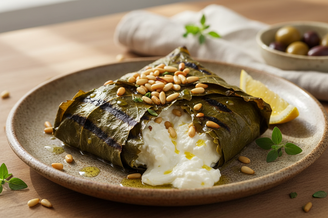 Feta im Weinblatt mit Pinienkernen - Weingutsküche durch und durch