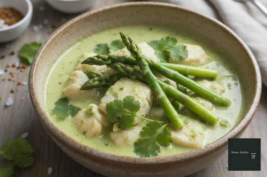 Grünes Fischcurry mit grünem Spargel, Koriander und Limette