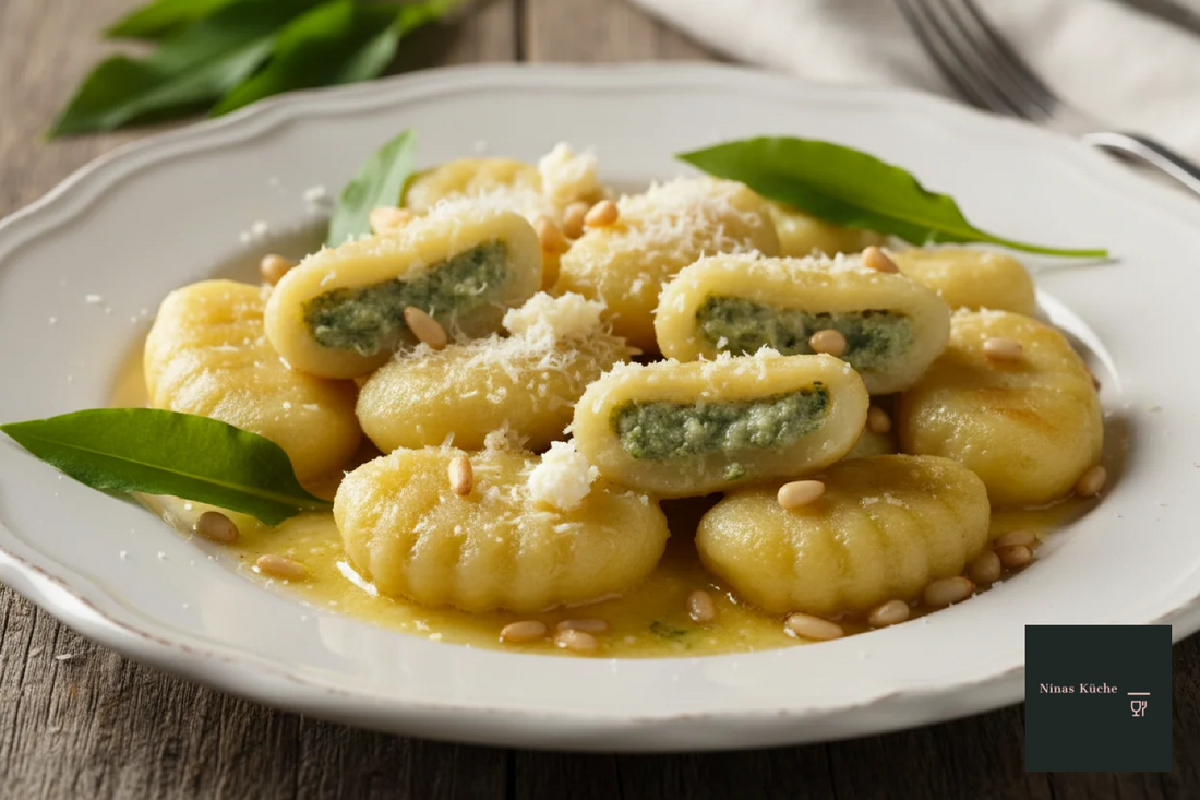 Mit Bärlauch gefüllte Gnocchi mit Parmesan und Pinienkernen