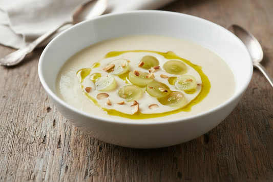 Lauwarme Mandel-Knoblauch-Suppe mit Trauben - sommerlich-pikant