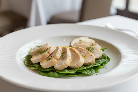 Pochiertes Zitronenhuhn auf Spinatsalat
