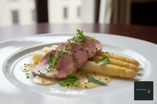 Pochiertes Kalbsfilet im Weißwein-Spargel-Sud mit weißem Spargel und Kerbel