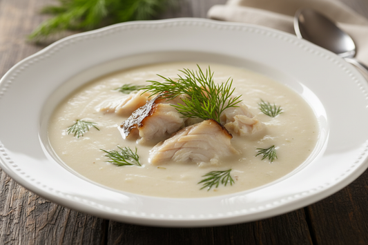 Cremige Räucherfischsuppe mit Weißburgunder und Dill