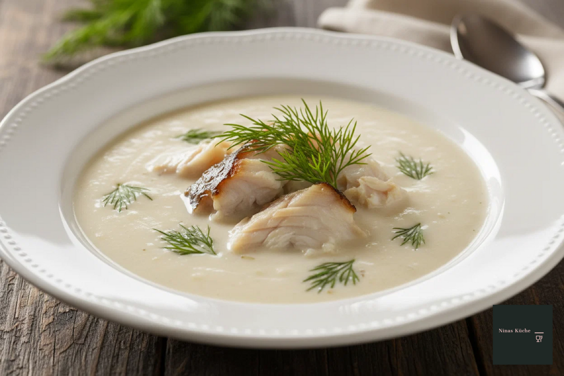 Cremige Räucherfischsuppe mit Weißburgunder und Dill