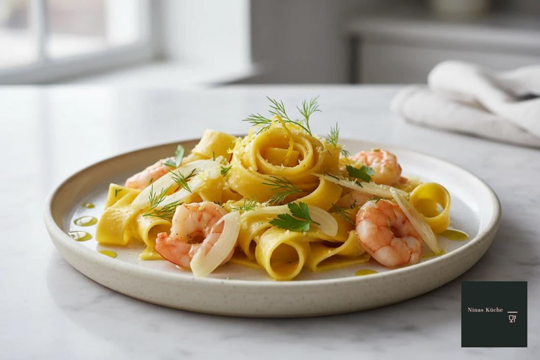Safran-Pappardelle mit Fenchel-Garnelen-Ragout - vornehmer Genuss