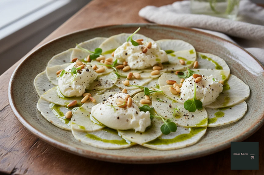 Sellerie-Carpaccio mit Burrata und Pinienkernen