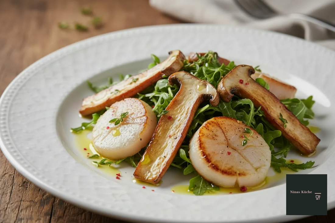 Salat mit Jakobsmuscheln und Steinpilzen - erste Herbstboten