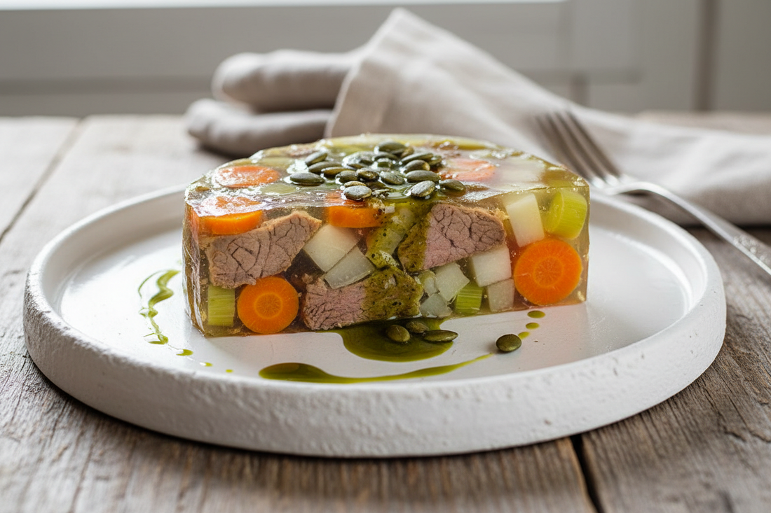 Tafelspitzsülze mit Gemüse und Kürbiskernöl