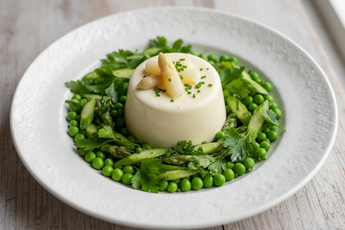 Spargel-Panna cotta auf Frühlingsgemüse und Frühlingskräutern