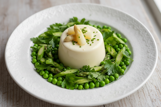 Spargel-Panna cotta auf Frühlingsgemüse und Frühlingskräutern