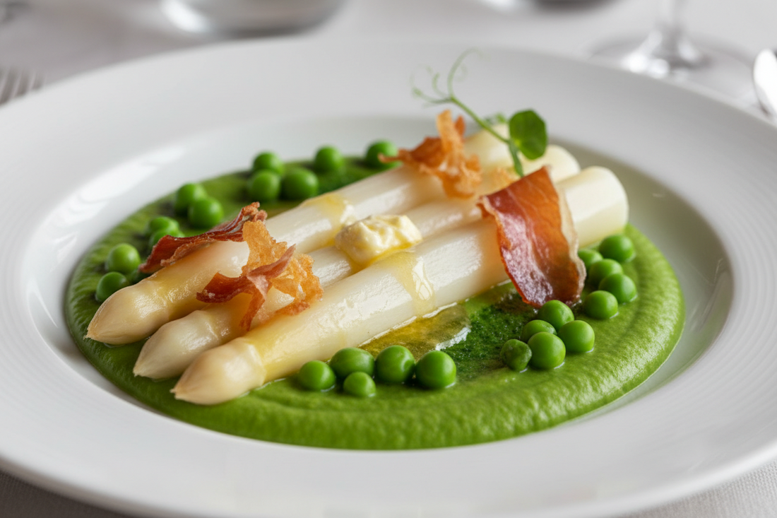 Spargel auf Erbsenpüree mit knusprigem Serranoschinken